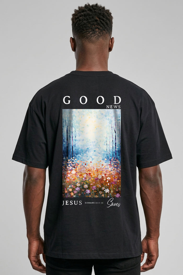Good News Jesus Saves Oversized Shirt Backprint