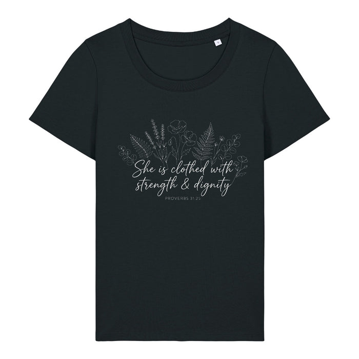 She Is Clothed With Strength and Dignity Proverbs 31:25 Lineart Frauenshirt