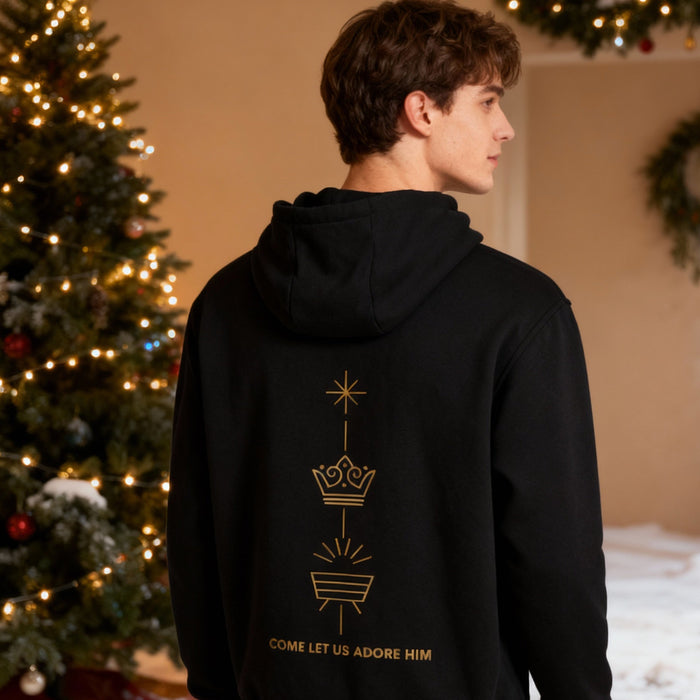 Come let us adore him Golden Christmas Hoodie BackPrint
