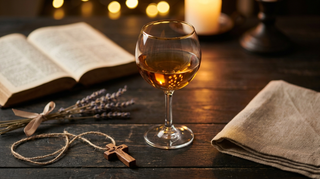 Weinglas mit christlichem Spruch auf rustikalem Holztisch mit Bibel und Kerze