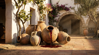 Antike Steinkrüge in mediterranem Innenhof, Wein läuft über, dramatisches Licht