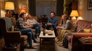 Freunde sitzen bei Kerzen im Wohnzimmer mit Weingläsern auf dem Couchtisch