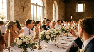 Elegante Hochzeitstafel mit Weingläsern, Blumen und Kerzenlicht