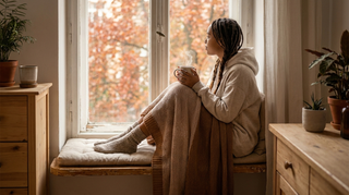 Person in einem gemütlichen Hoodie mit warmem Kaffee am Fenster im warmen Licht