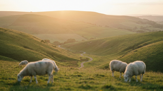 Sanfte Hügellandschaft im Abendlicht mit Schafen, Sinnbild für Psalm 23 Der Herr ist mein Hirte