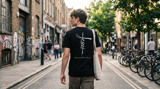 Person mit christlichem Backprint-T-Shirt mit Fokus auf Passform und Größe