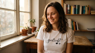 Junge Frau mit christlichem T-Shirt mit Frontprint im warmen Tageslicht