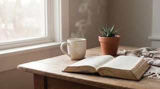 Christliche Tasse mit Kaffee und aufgeschlagener Bibel auf einem Holztisch im Morgenlicht
