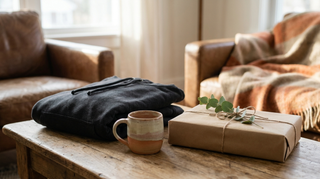 Christliches Geschenk für Männer: dunkler Hoodie, Tasse und eingepacktes Geschenk auf Holz