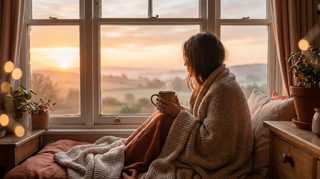 Person am Fenster bei Sonnenaufgang mit Tasse, Symbol für Zukunft und Hoffnung