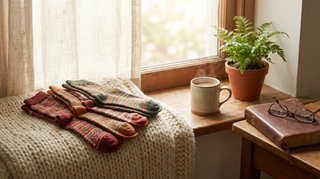 Christliche Socken mit Spruch, gefaltet auf einer Decke am Fenster
