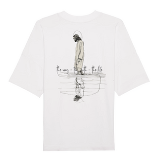Jesus the way Lineart Oversized Shirt BackPrint Variante, Mountain Movers christliches Design