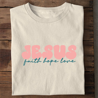 Jesus faith hope love Shirt Detailansicht, Mountain Movers christliche Streetwear