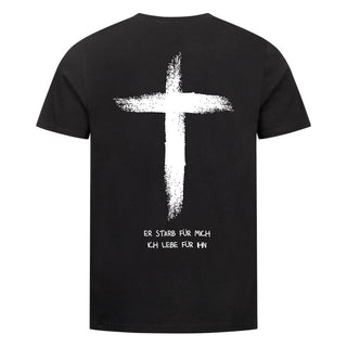 er starb für mich, ich lebe für ihn Shirt Backprint Variante, Mountain Movers christliches Design