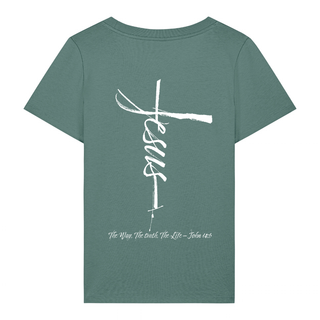 Jesus Cross Frauen T-Shirt BackPrint, getragen