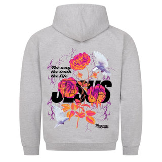 Jesus Flower Hoodie Backprint Detailansicht, Mountain Movers christliche Streetwear