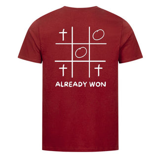 Already won Shirt Backprint Detailansicht, Mountain Movers christliche Streetwear