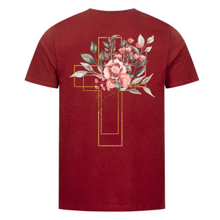 Golden Cross Aquarell Shirt BackPrint Detailansicht, Mountain Movers christliche Streetwear