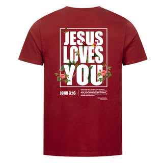 Jesus loves you Flower Shirt Detailansicht, Mountain Movers christliche Streetwear