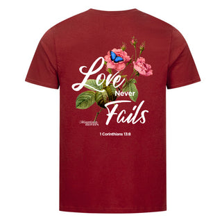 Love never fails Flower Shirt Detailansicht, Mountain Movers christliche Streetwear