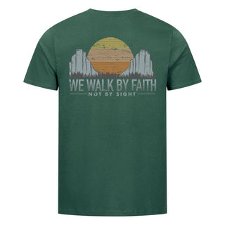 walk by faith retro Shirt Backprint Detailansicht, Mountain Movers christliche Streetwear