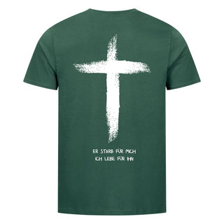 er starb für mich, ich lebe für ihn Shirt Backprint Detailansicht, Mountain Movers christliche Streetwear