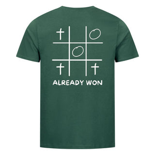 Already won Shirt Backprint Detailansicht, Mountain Movers christliche Streetwear
