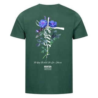 Jesus Cross Flower Unisex Shirt BackPrint Detailansicht, Mountain Movers christliche Streetwear