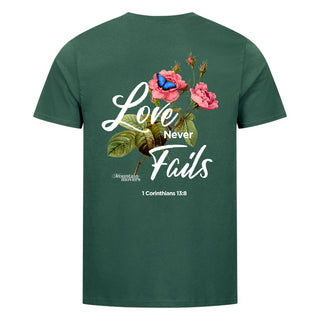 Love never fails Flower Shirt Detailansicht, Mountain Movers christliche Streetwear