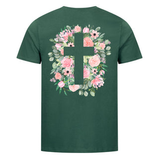 Cross flowers Shirt Backprint Detailansicht, Mountain Movers christliche Streetwear
