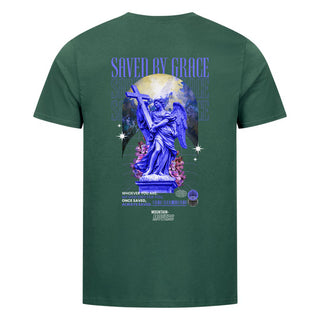 Saved by Grace Streetwear Unisex Shirt Backprint Detailansicht, Mountain Movers christliche Streetwear