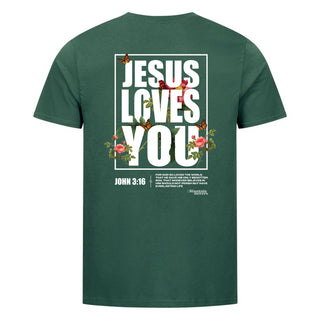 Jesus loves you Flower Shirt Detailansicht, Mountain Movers christliche Streetwear