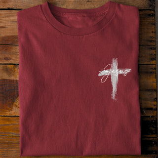 Jesus painted Cross Shirt Detailansicht, Mountain Movers christliche Streetwear