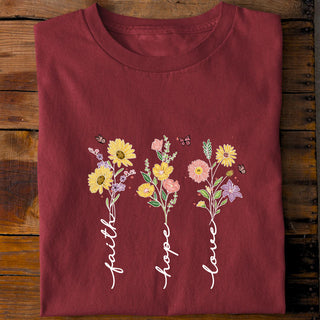 Faith Hope Love Flower Shirt Detailansicht, Mountain Movers christliche Streetwear