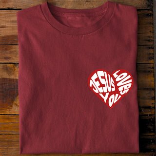 Jesus loves you red heart Shirt Detailansicht, Mountain Movers christliche Streetwear
