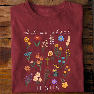 Ask me about Jesus - Little Flowers Shirt Detailansicht, Mountain Movers christliche Streetwear