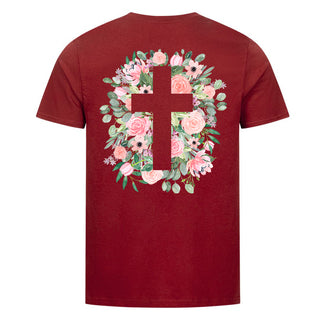 Cross flowers Shirt Backprint Detailansicht, Mountain Movers christliche Streetwear