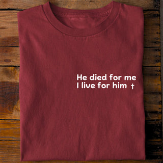 He died for me (minimalistisch) Shirt Detailansicht, Mountain Movers christliche Streetwear
