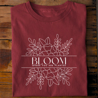 Bloom where you are planted Shirt Detailansicht, Mountain Movers christliche Streetwear
