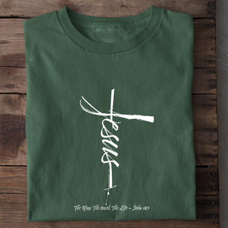 Jesus Cross Shirt Frontprint Detailansicht, Mountain Movers christliche Streetwear