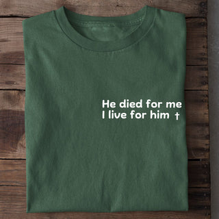 He died for me (minimalistisch) Shirt Detailansicht, Mountain Movers christliche Streetwear