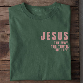 Jesus Pink Letters Shirt Detailansicht, Mountain Movers christliche Streetwear