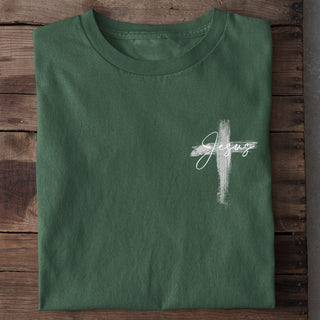 Jesus painted Cross Shirt Detailansicht, Mountain Movers christliche Streetwear