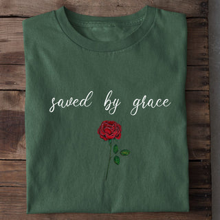 Saved by Grace Shirt Detail, Mountain Movers christlicher Print