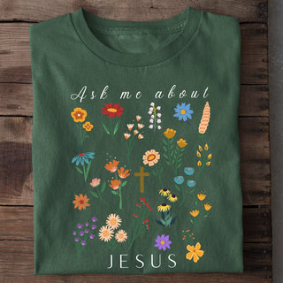 Ask me about Jesus - Little Flowers Shirt Detailansicht, Mountain Movers christliche Streetwear