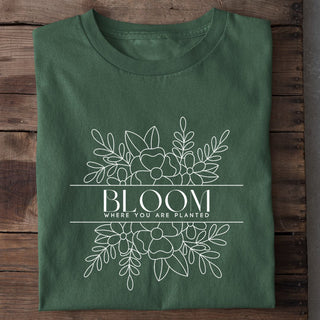Bloom where you are planted Shirt Detailansicht, Mountain Movers christliche Streetwear