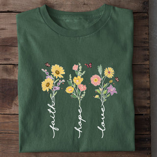 Faith Hope Love Flower Shirt Detailansicht, Mountain Movers christliche Streetwear
