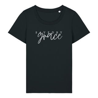 Saved by grace Frauen T-Shirt, Motivdetail