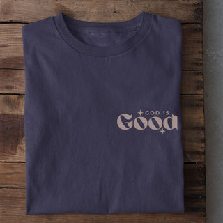 God is good retro taupe Shirt Detailansicht, Mountain Movers christliche Streetwear
