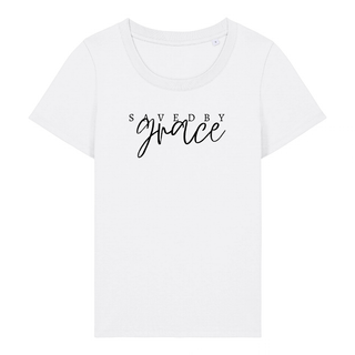 Saved by grace Frauen T-Shirt, Rueckansicht